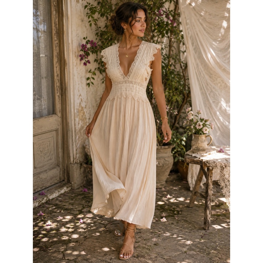 Zara Cream Eyelet Lace Maxi Dress Womens Small Boho V-Neck Ruffle Cottagecore